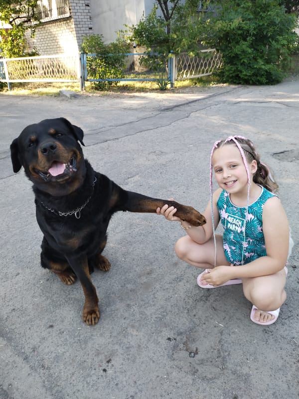 Family meal and children playing with dog in Ukraine