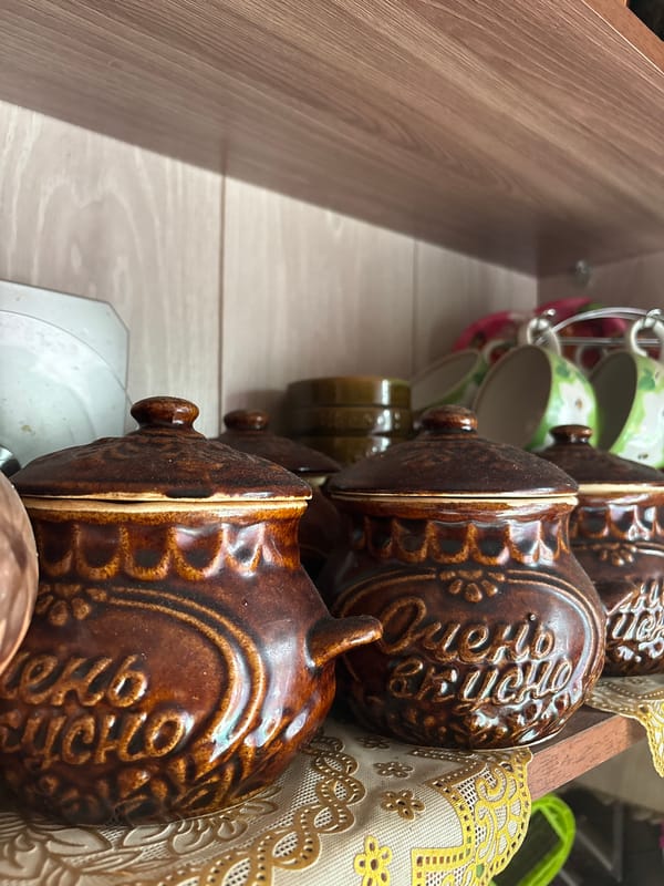 Traditional Russian ceramic folk pottery on shelves in Vetluzhsky