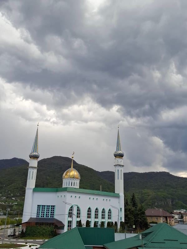 Mosque with golden, blue domes documented in Karachayevsk, Russia