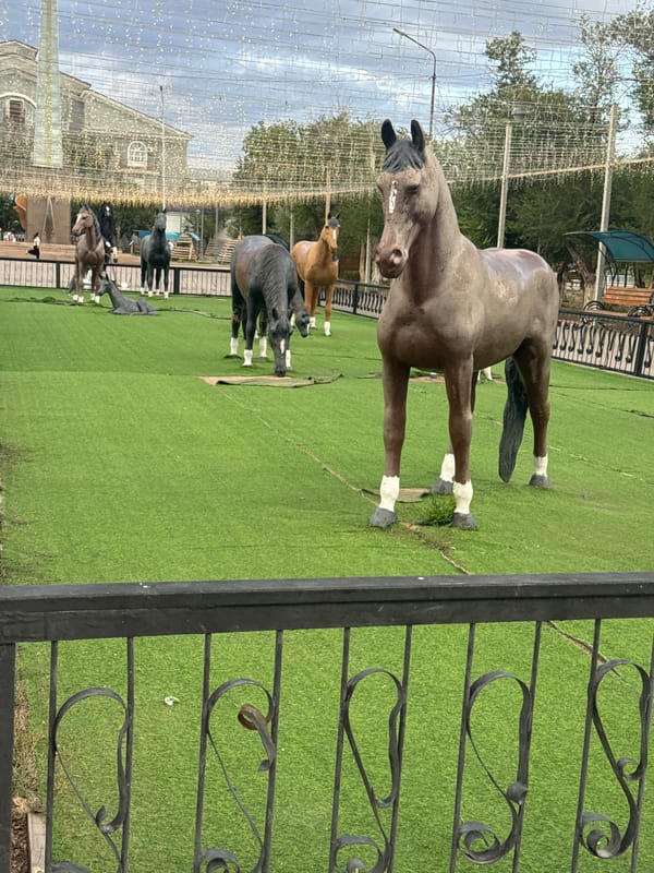 Horse sculptures dominate a public plaza in Balqash, Kazakhstan