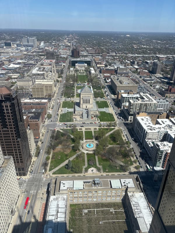 Aerial view captures downtown Indianapolis landmarks from above