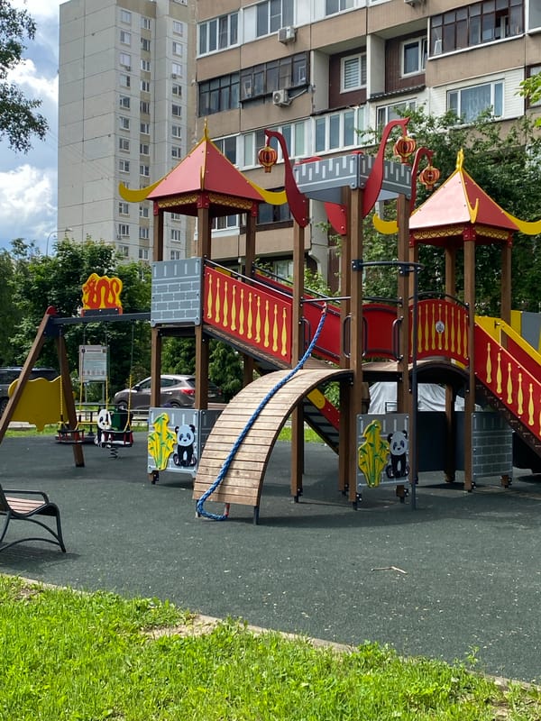 Morning documentation of Khimki residential area with playground and gardens
