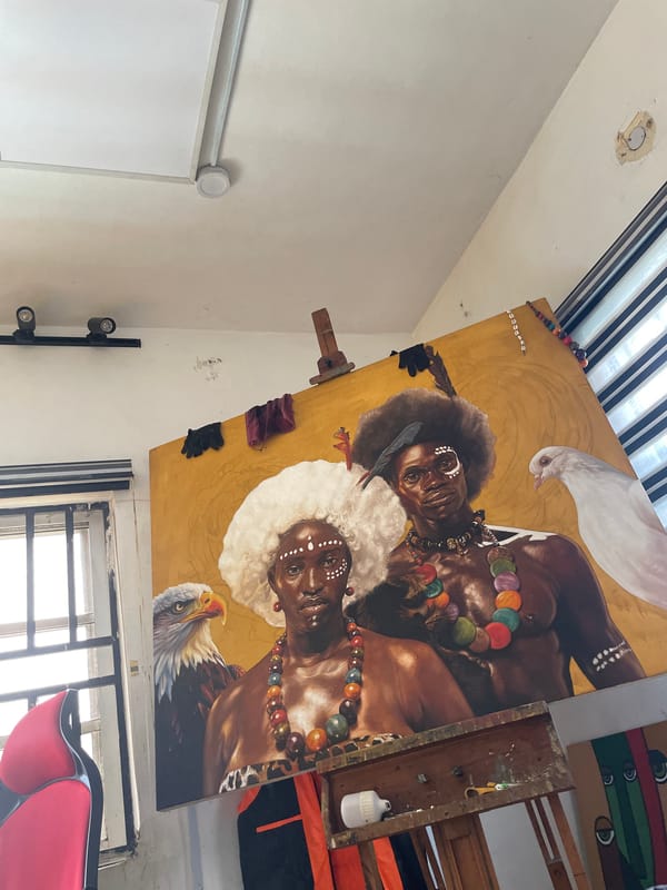 Artist studio documented in Ado, Nigeria with unfinished traditional painting