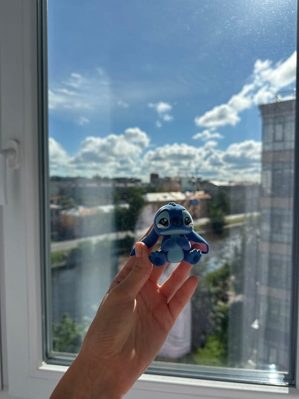 Dog and Stitch toy share a window view over Saint Petersburg