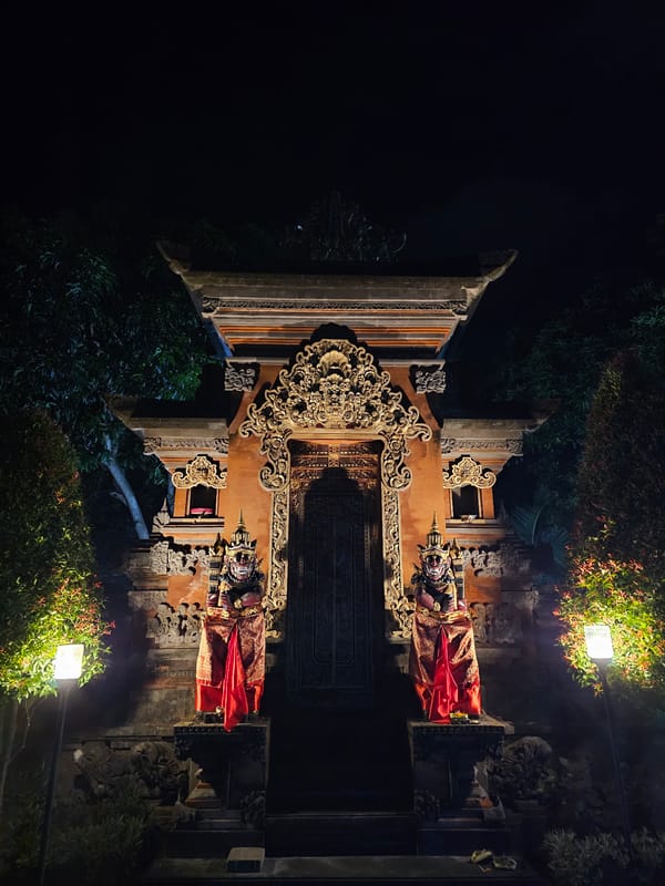 Nighttime documentation of Denpasar's ornate temples and street scenes