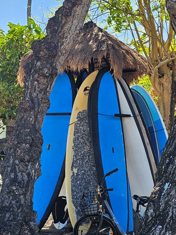 Surf gear, bikes, and shaded walkways at a Denpasar outdoor spot