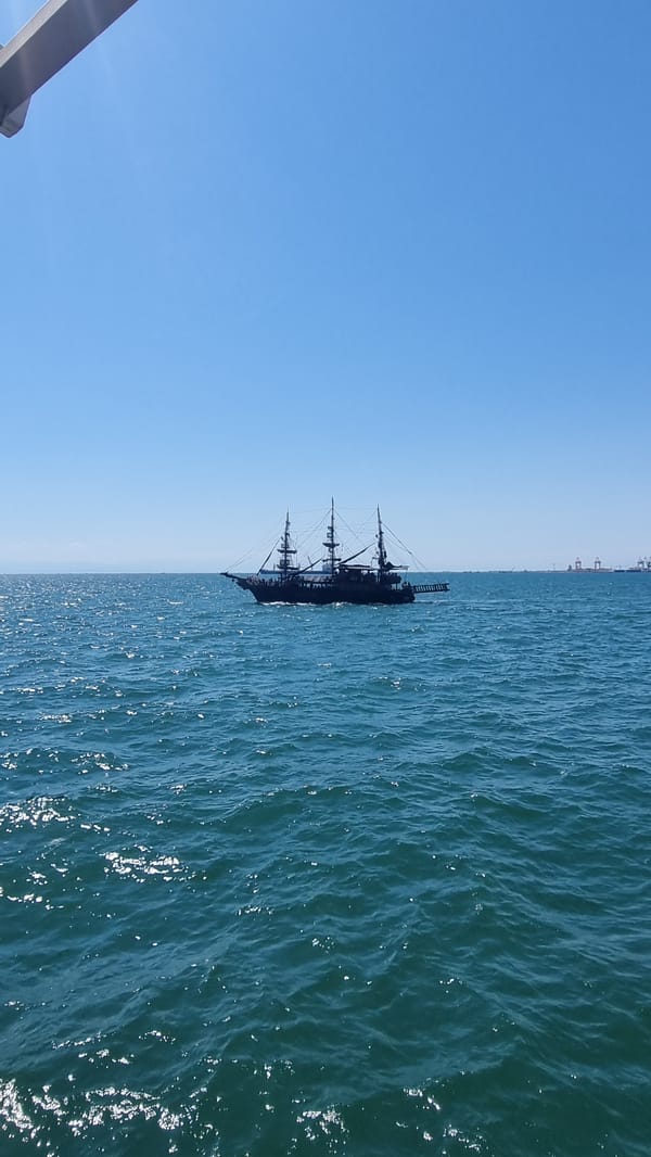 Black Pearl replica tall ship sails Thessaloniki's waterfront bay