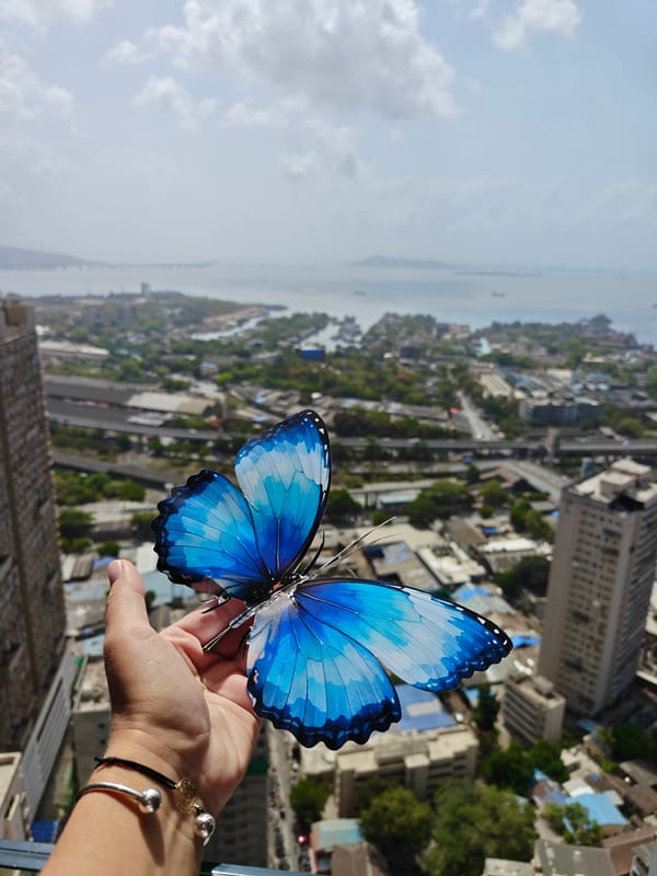 Artificial Blue Butterfly Displayed Over Mumbai Cityscape at Dawn
