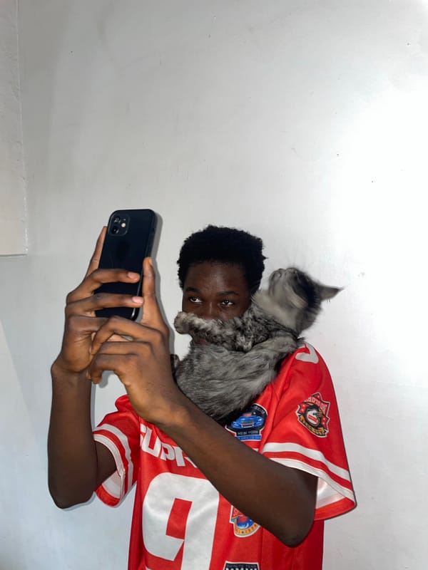Person with white face paint photographed with kitten in Ado