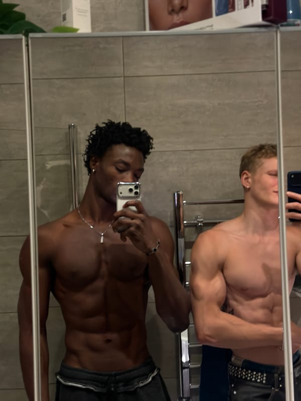 Two men take mirror selfies in London bathroom