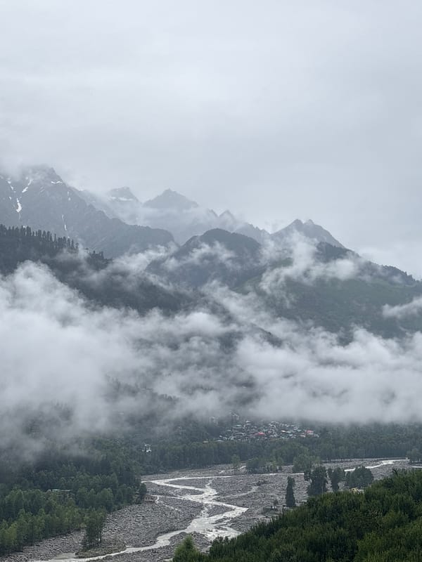 Misty river valley and forested hillside village, Vashisht