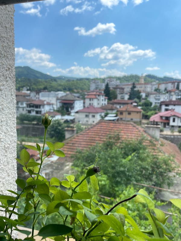 Zlatograd from above: hillside town under a summer sky
