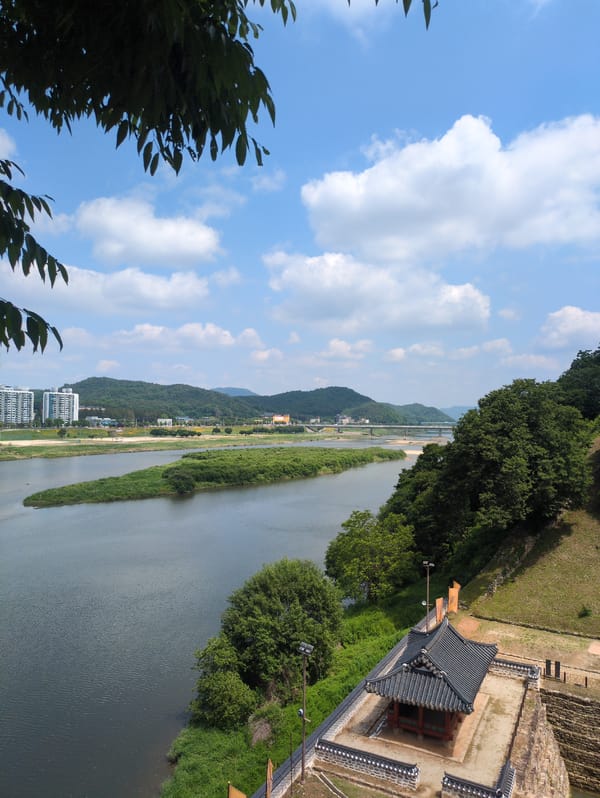 Morning scenic documentation captures Gongju-si river and mountain views