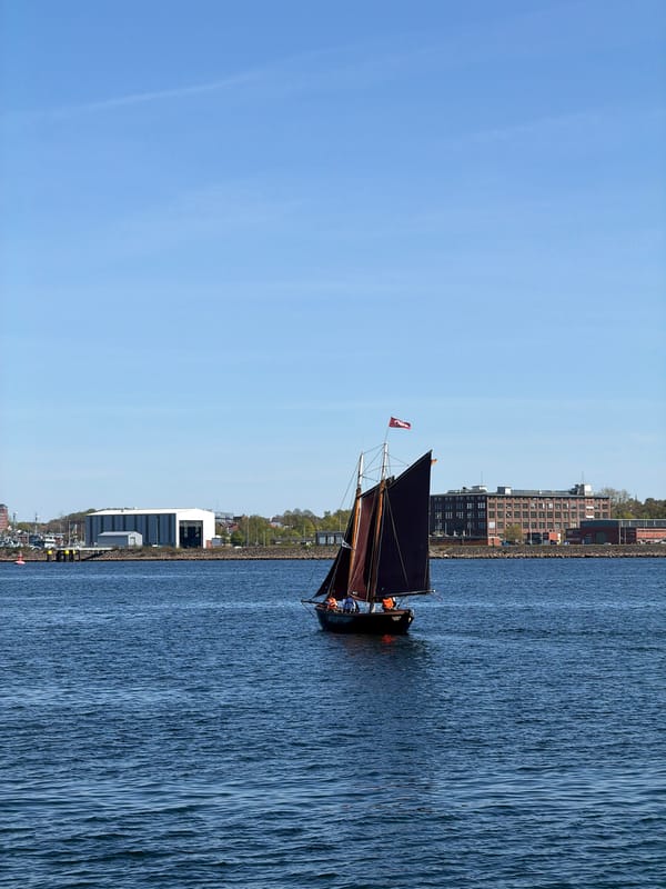 Gaff-rigged sailboat spotted sailing near Kiel under clear skies