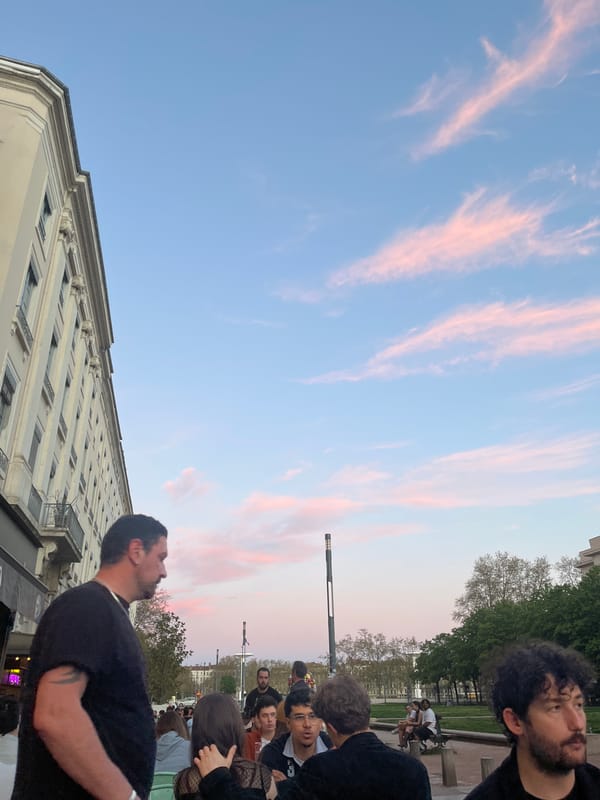 Evening social gathering documented in Lyon during twilight hours