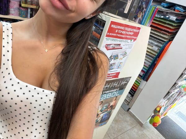Woman shops for supplies at Plovdiv store, takes selfies