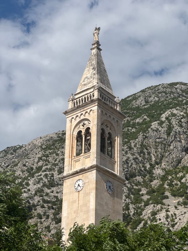 Saint Eustachius clock tower photographed in Dobrota, Montenegro