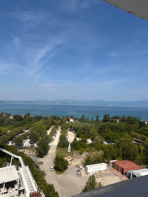 Aerial look at a Lake Garda theme park on a summer morning