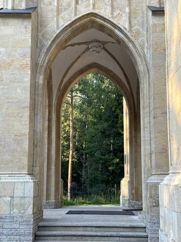 Gothic Revival church details in Pargolovo on a clear summer day