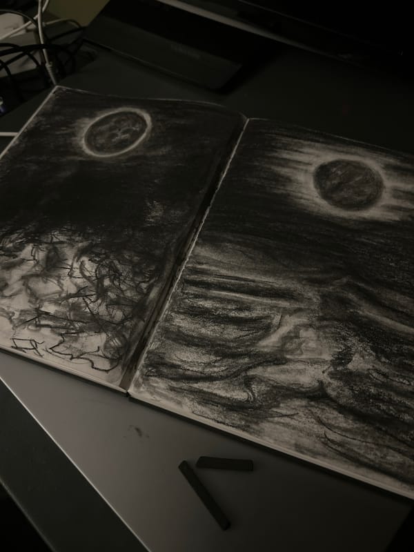 Charcoal celestial artwork documented in Cape Coral sketchbook