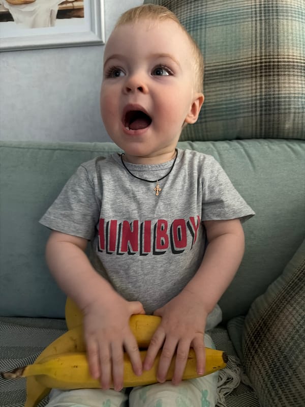 Child plays with bananas while dog rests in Votkinsk home