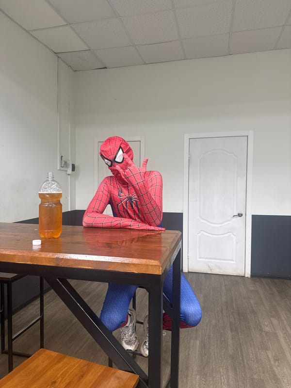Spider-Man costume spotted indoors, nighttime nature scene in Votkinsk