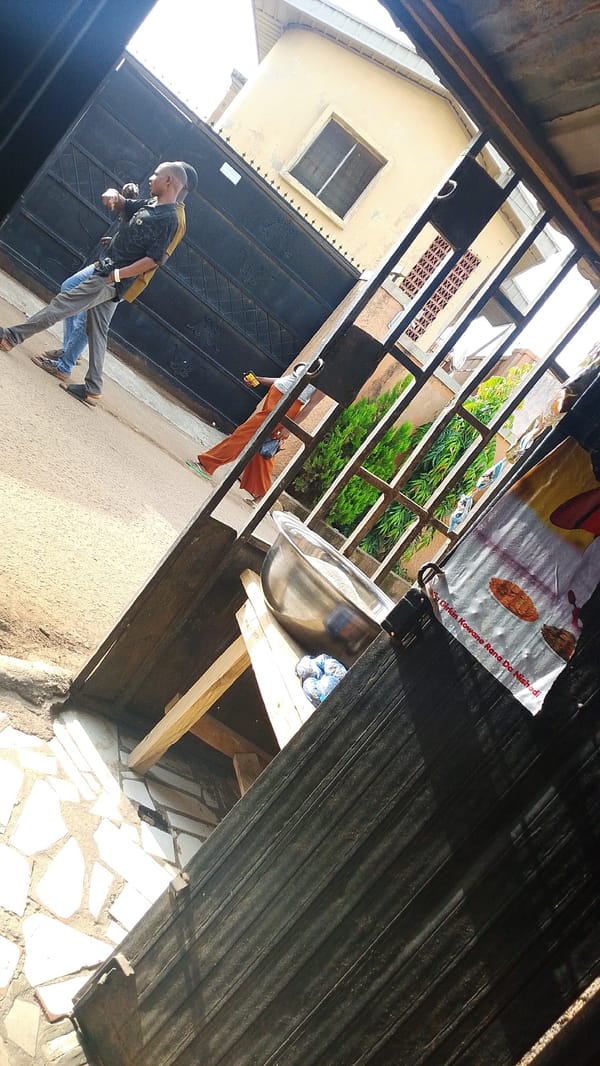 Pedestrians gather near black gate in urban area