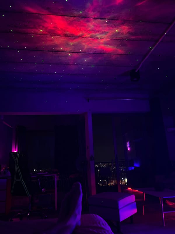 Ambient bedroom night setup with nebula projector, Ratsada
