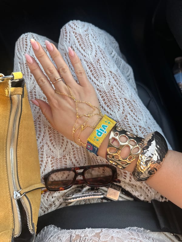 Ornate chain-connected jewelry photographed in Indio, California