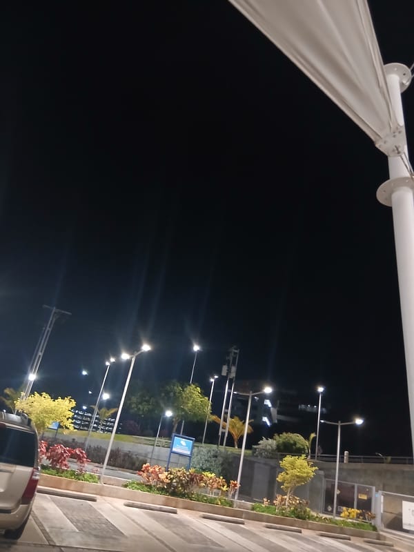 Nighttime scenes documented in Pampatar, Venezuela streets and architecture