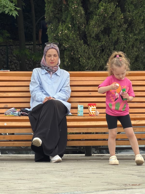 Lazy afternoon on Partenit's promenade: people, pets, and roses
