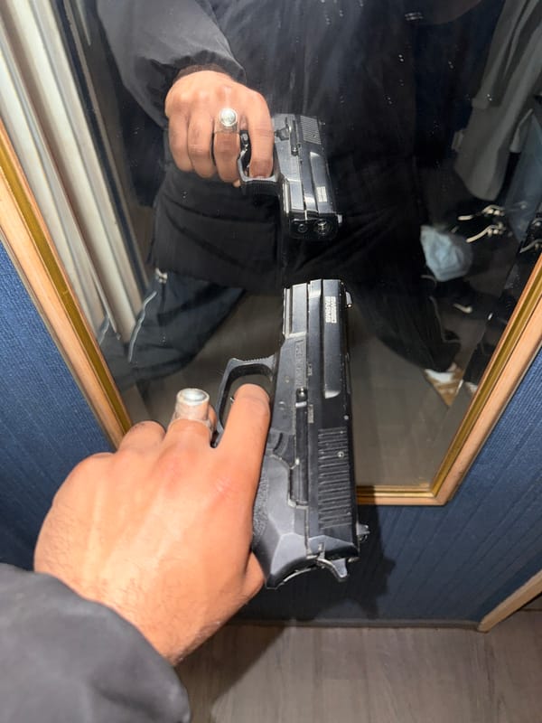 Person photographed holding Swiss Arms pistol in Domont mirror