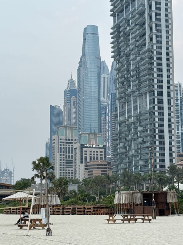 Dubai's Marina beach and Ain Dubai wheel, afternoon into evening