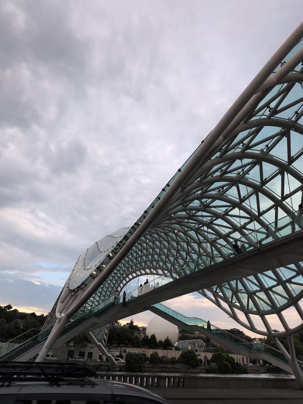 Tbilisi's modern riverfront landmarks on an overcast afternoon