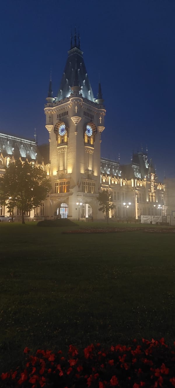 Twilight evening across Iași's landmarks, streets, and a brewpub