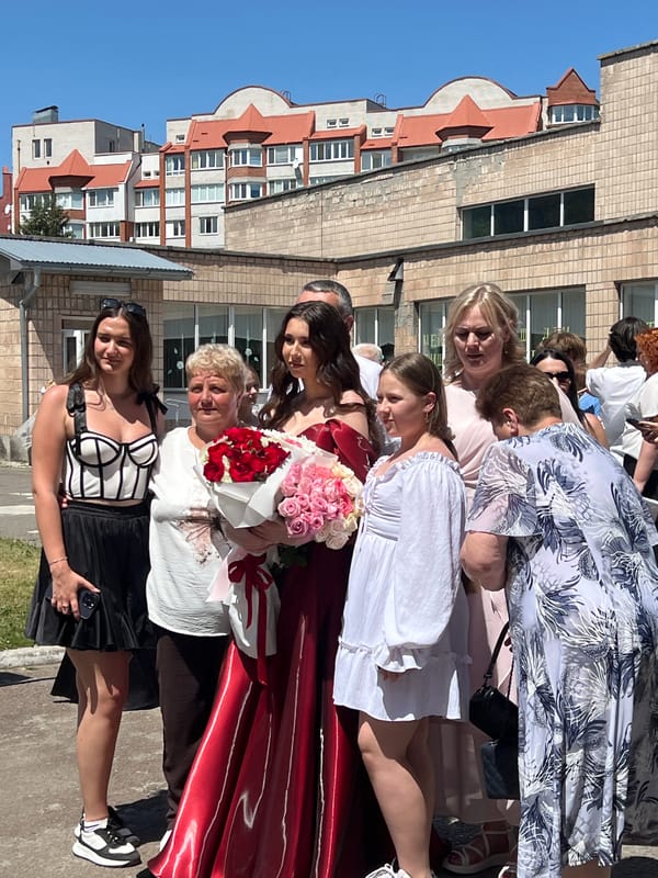 Graduation day celebrations outside a school in Ternopil, Ukraine