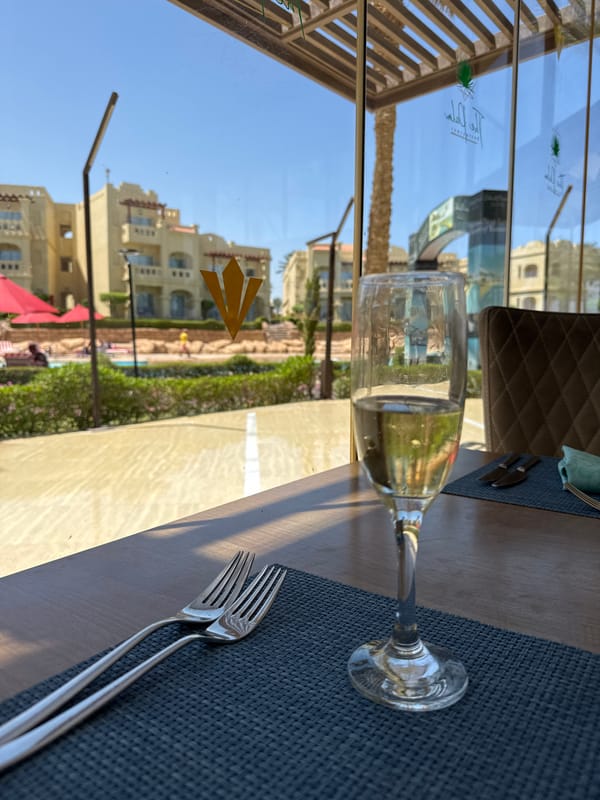 Midday downtime at an Egyptian resort, wine and palm trees