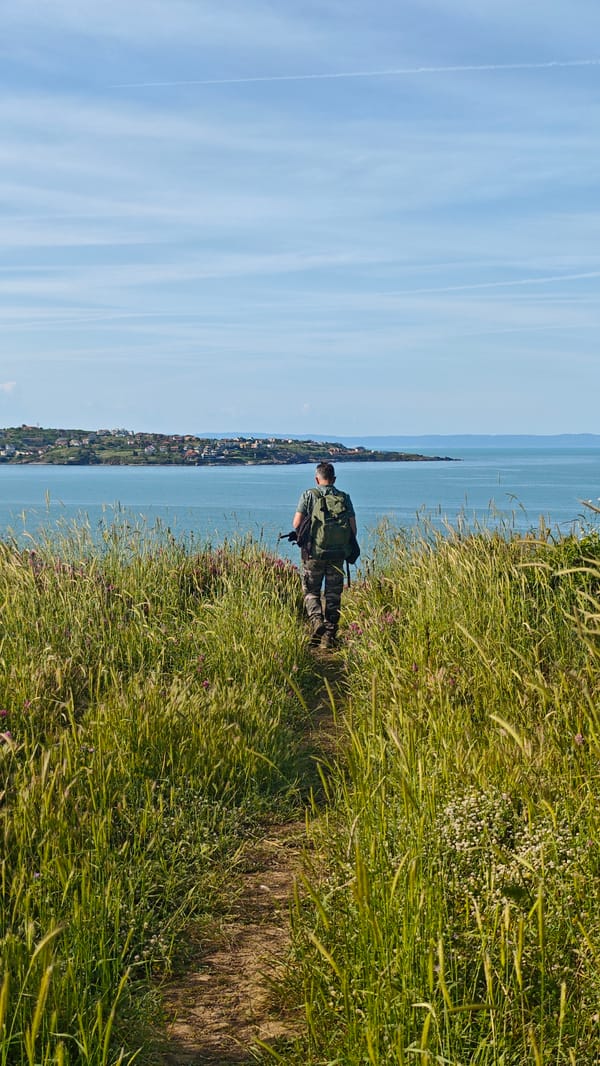 Man walks coastal path through wildflowers near Sozopol, Bulgaria