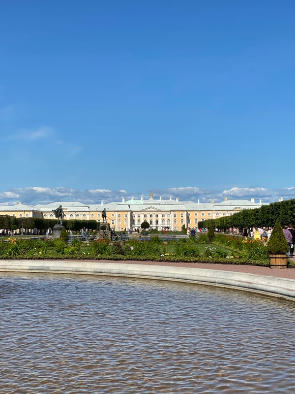Peterhof Palace gardens and fountains on a summer morning