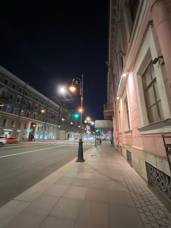 Nighttime street scene captured in Saint Petersburg, Russia