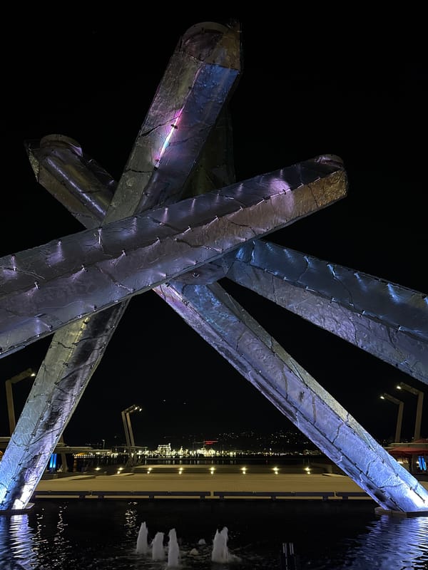 Olympic Cauldron photographed at night in Vancouver waterfront area