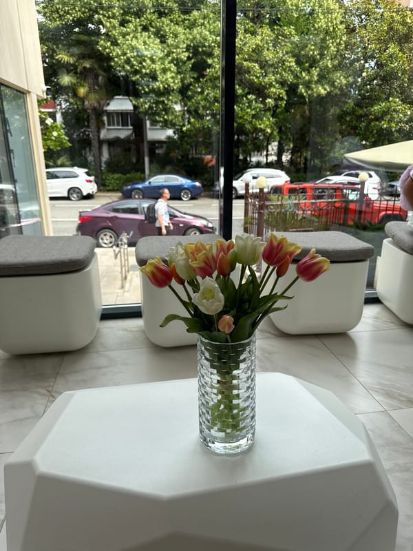 Service robot and tulips inside a Sochi venue
