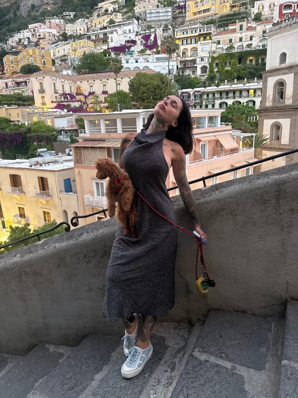 Woman with poodle spotted on stone stairs in Arienzo