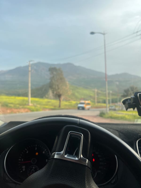 Morning drive through green fields near Ouaouizert, Morocco