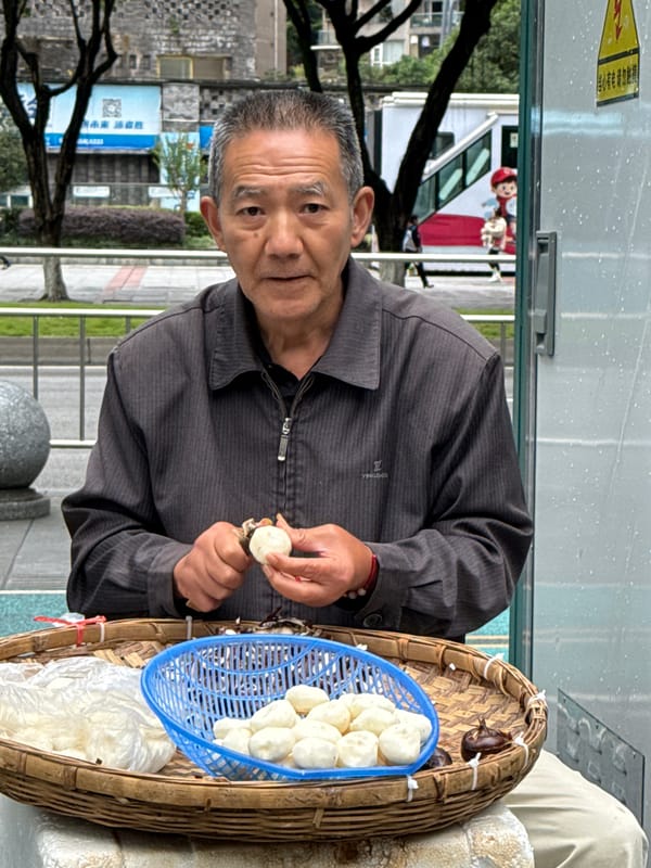 Elderly street vendor prepares food in Jiulongpo District