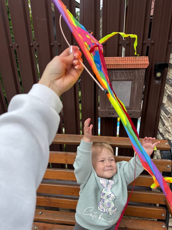 Rainbow kite flying in Nizhny Novgorod on a cloudy morning