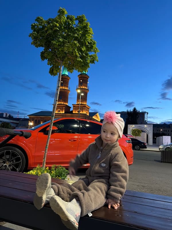 Dusk at a mosque in Ufa, bench-side view included