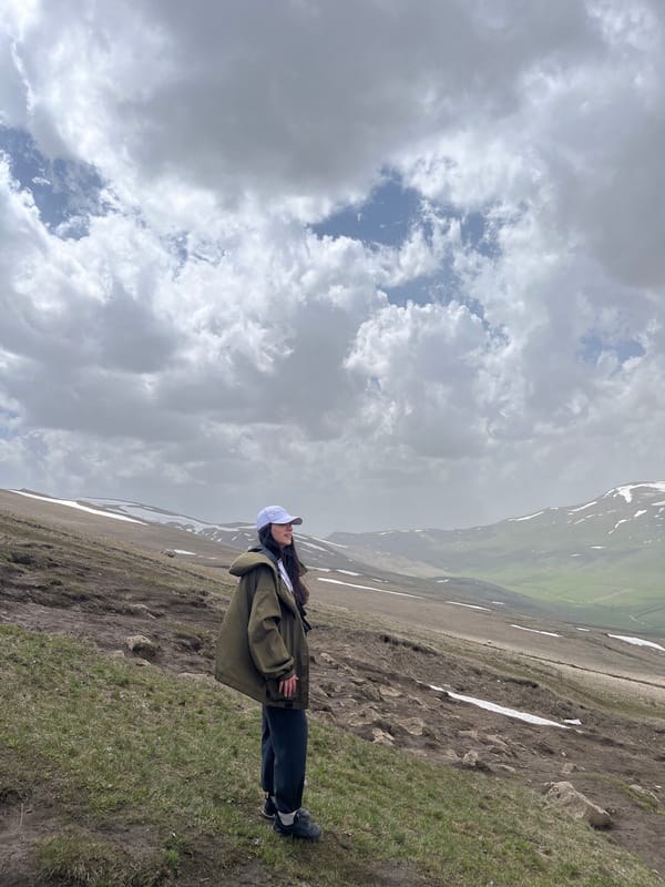 Woman stands on hillside in Hartagyugh, Armenia under cloudy sky