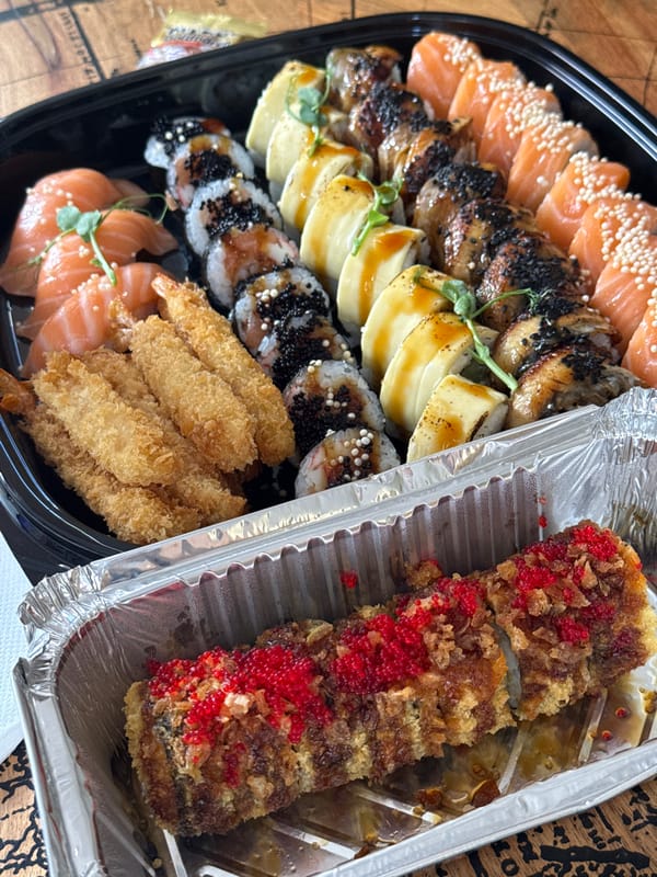 Sushi platter and foil container, Prague takeout