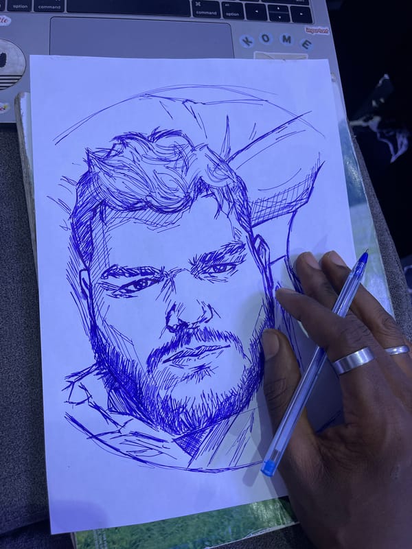 Blue ink portrait sketched from a laptop reference in Abuja